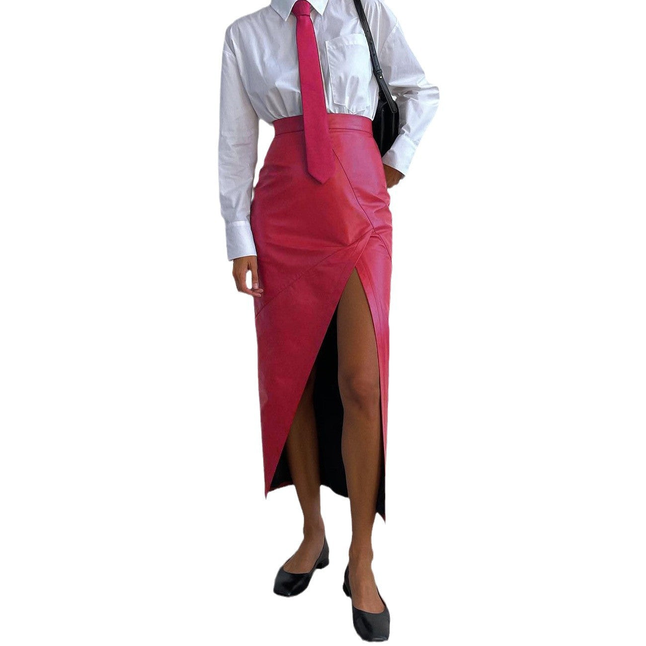 High waisted slim fit split skirt irregular leather skirt