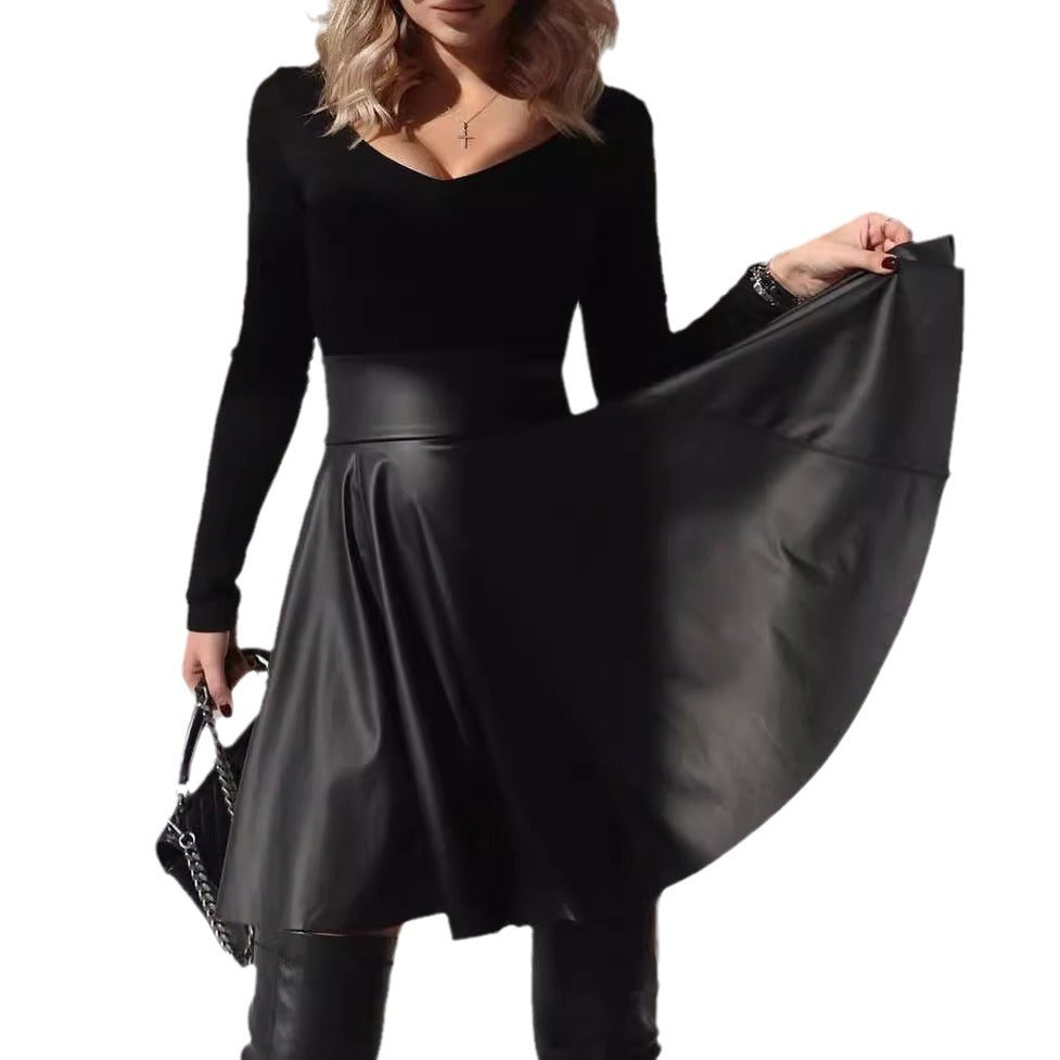High waist and large swing PU leather skirt umbrella skirt
