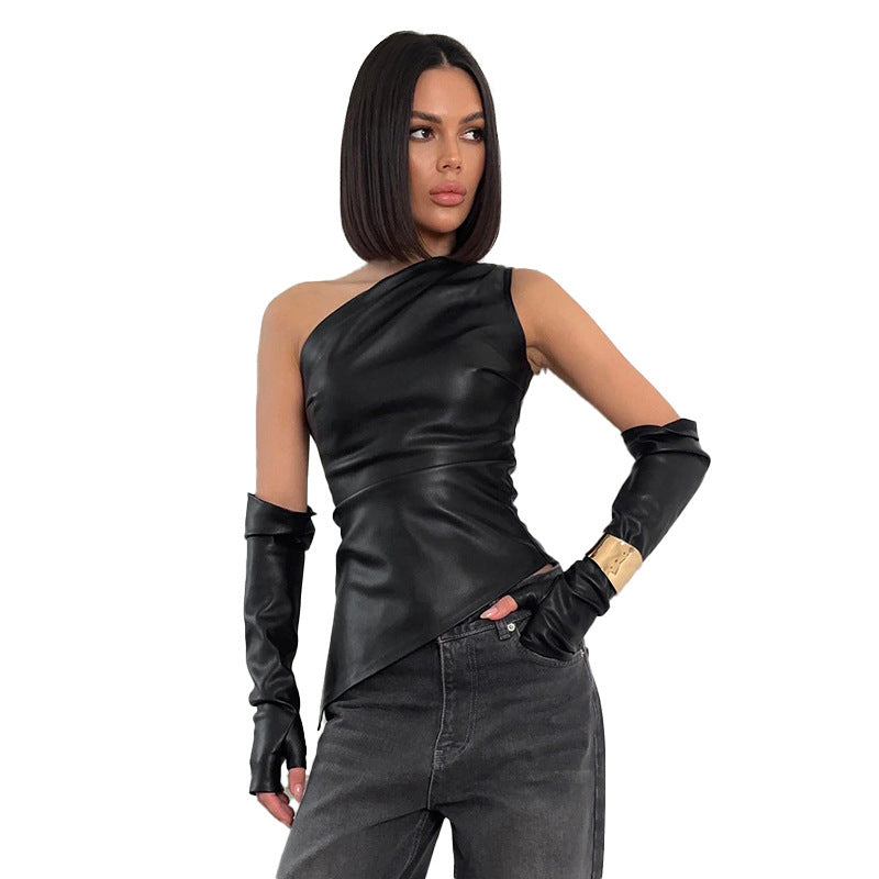 PU leather vest sleeveless sloping collar with sleeve top
