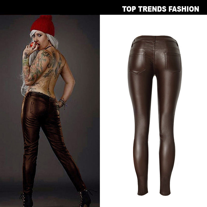 Brown Faux Leather Denim Pencil Pants Stitching Multi-Zip Motorcycle Models Have Large Sizes