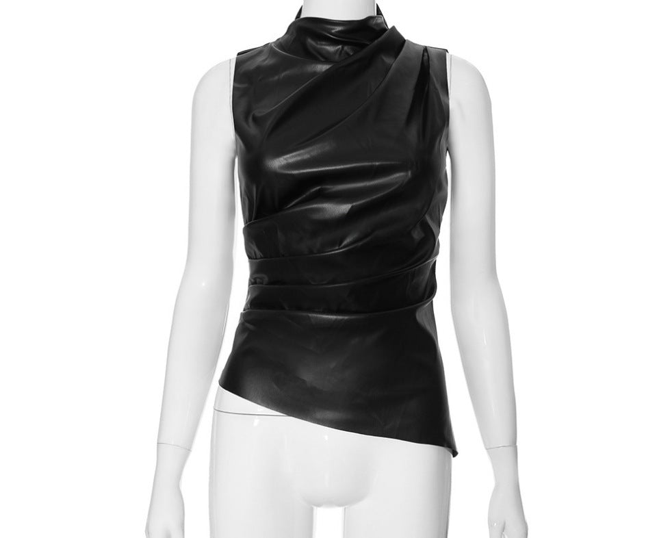 Women's Leather High Neck Unique Fitted Asymmetrical Sleeveless Top