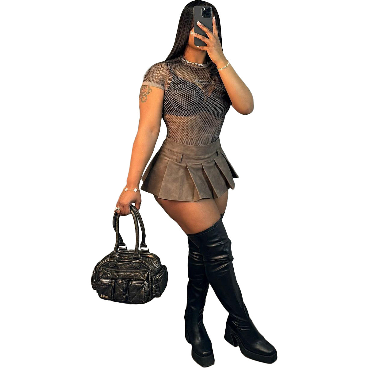Women's Fashion Leather Sexy Solid Color Zipper Pleated Mini Skirt