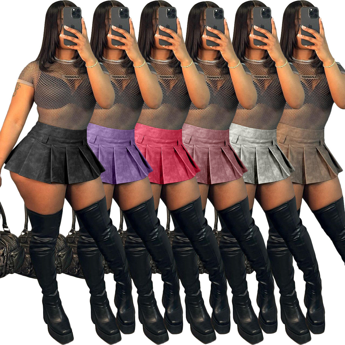 Women's Fashion Leather Sexy Solid Color Zipper Pleated Mini Skirt