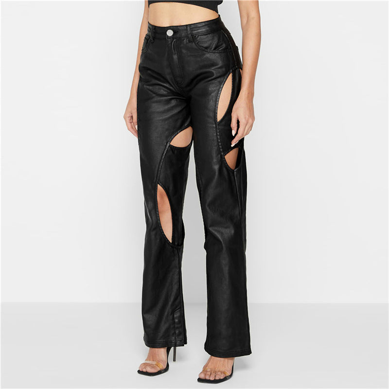 Autumn and Winter New Women's Fashion High Waist Casual Straight Slim Hollow Faux Leather Pants