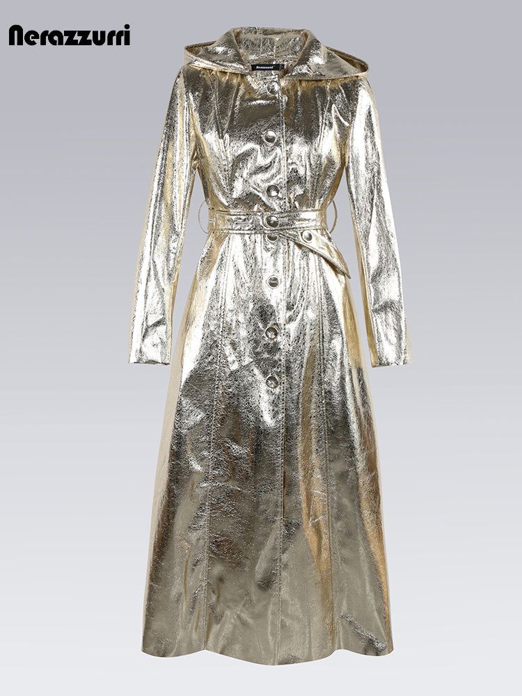 Nerazzurri Autumn Maxi Luxury Elegant Chic Silver Gold Shiny Patent Faux Leather Coat Women with Hood Extra Long Overcoat