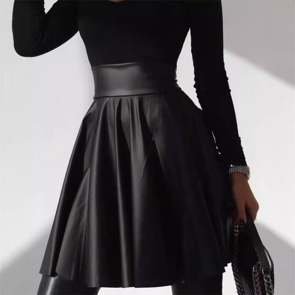 High waist and large swing PU leather skirt umbrella skirt