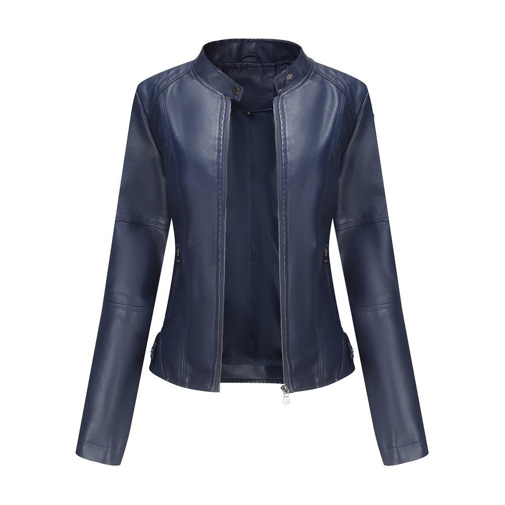 European size women's leather jacket women's motorcycle jacket standing collar leather jacket
