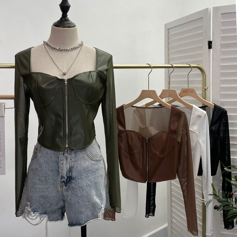 Mesh splicing PU leather long sleeved T-shirt for women