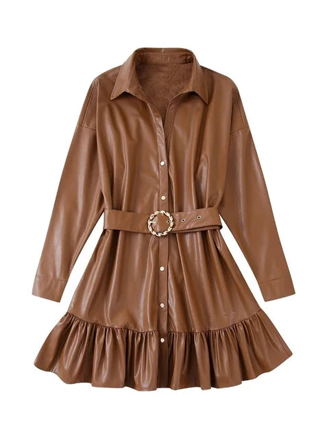 Women Fashion With Belt Faux Leather Ruffled Mini Shirt Dress Vintage Long Sleeve Snap-Button Female Dresses Vestidos
