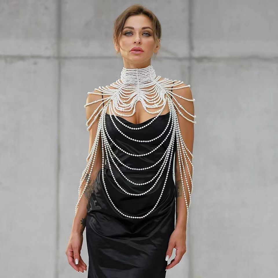 Personality Fashion Pearl Jewelry Leather Exaggerated Multilayer Pearl Body Chain
