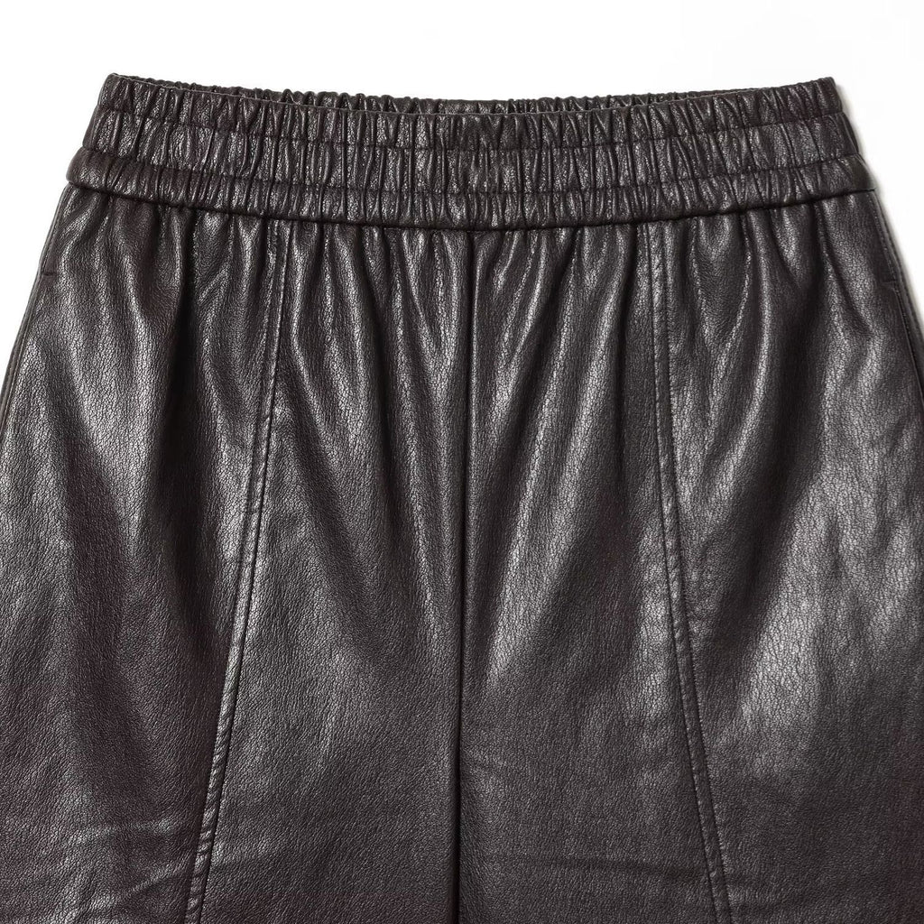 High waisted elastic waist imitation leather casual shorts