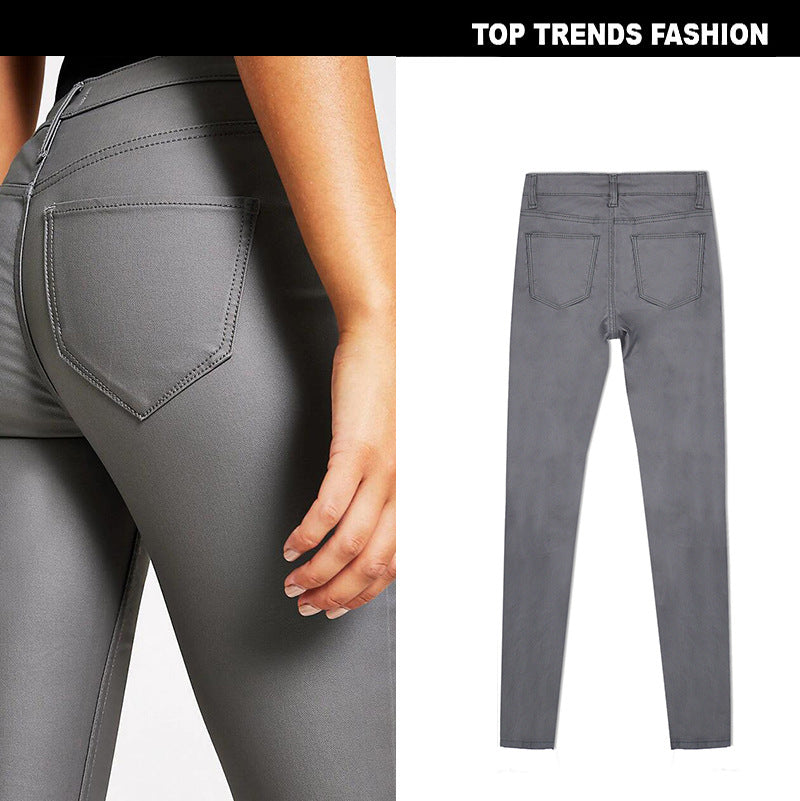 Women's High Waist Slim Fit Stretch Coated Noble Grey Faux Leather Pants Denim Skinny Pants PU Pocket Motorcycle Model