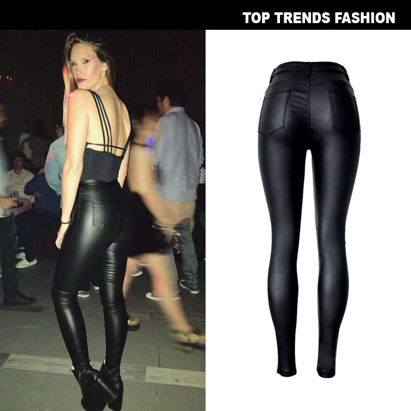 Women's High Waist Slim Fit Stretch Coated Faux Leather Pants Denim Skinny Pants PU Pockets Motorcycle Models Easy to Fit Plus Size