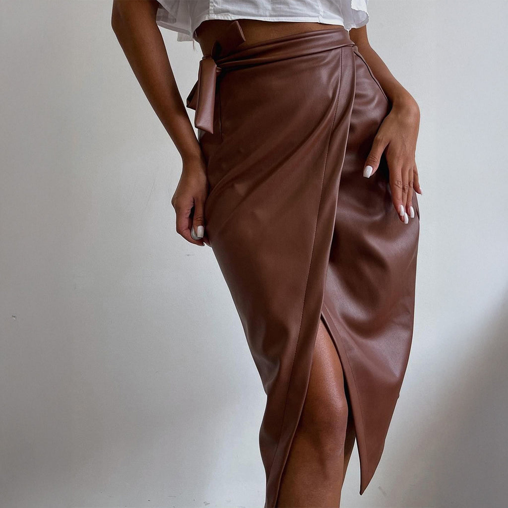 Belted Fitted Leather Skirt Women's Skirt