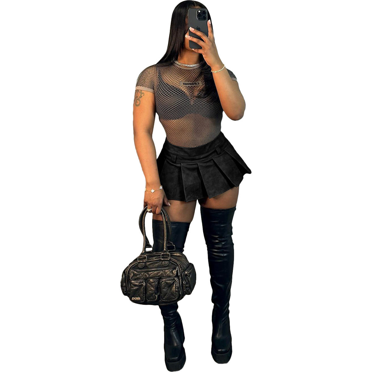 Women's Fashion Leather Sexy Solid Color Zipper Pleated Mini Skirt