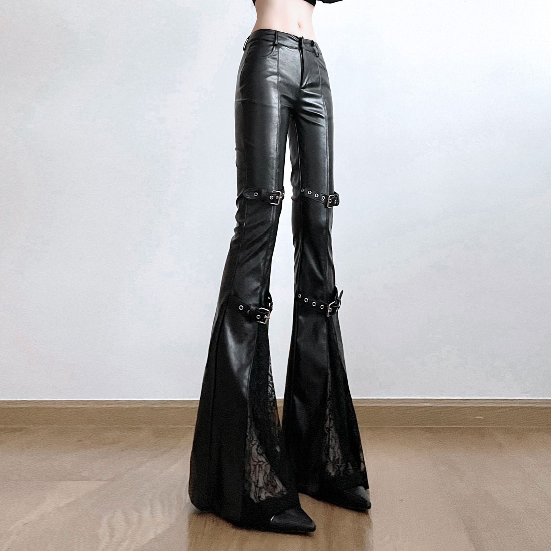 Lace patchwork leather flared pants