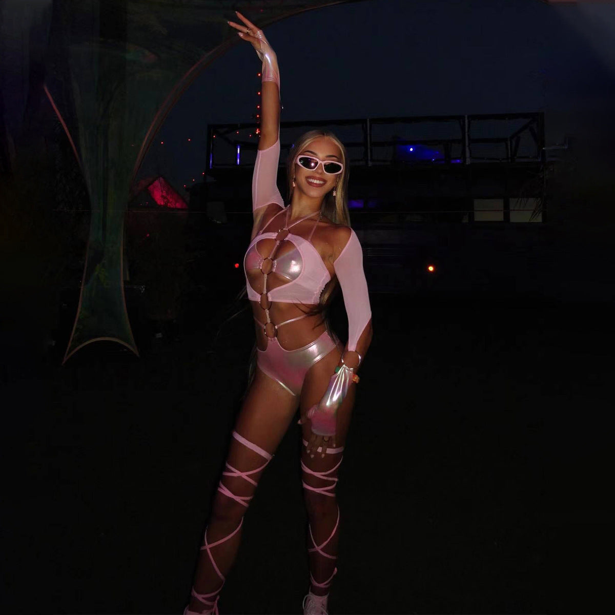 New Pure Desire Mesh Splicing Leather jumpsuit