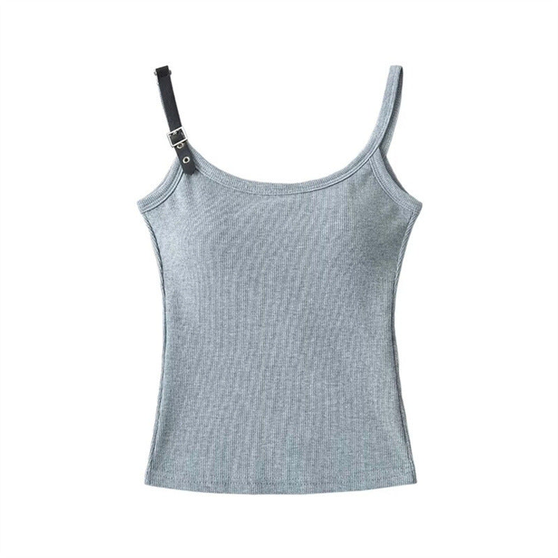 Spliced leather shoulder strap slim fit camisole top