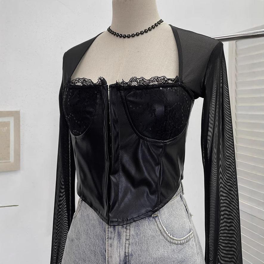 PU leather splicing mesh strapless long sleeved T-shirt