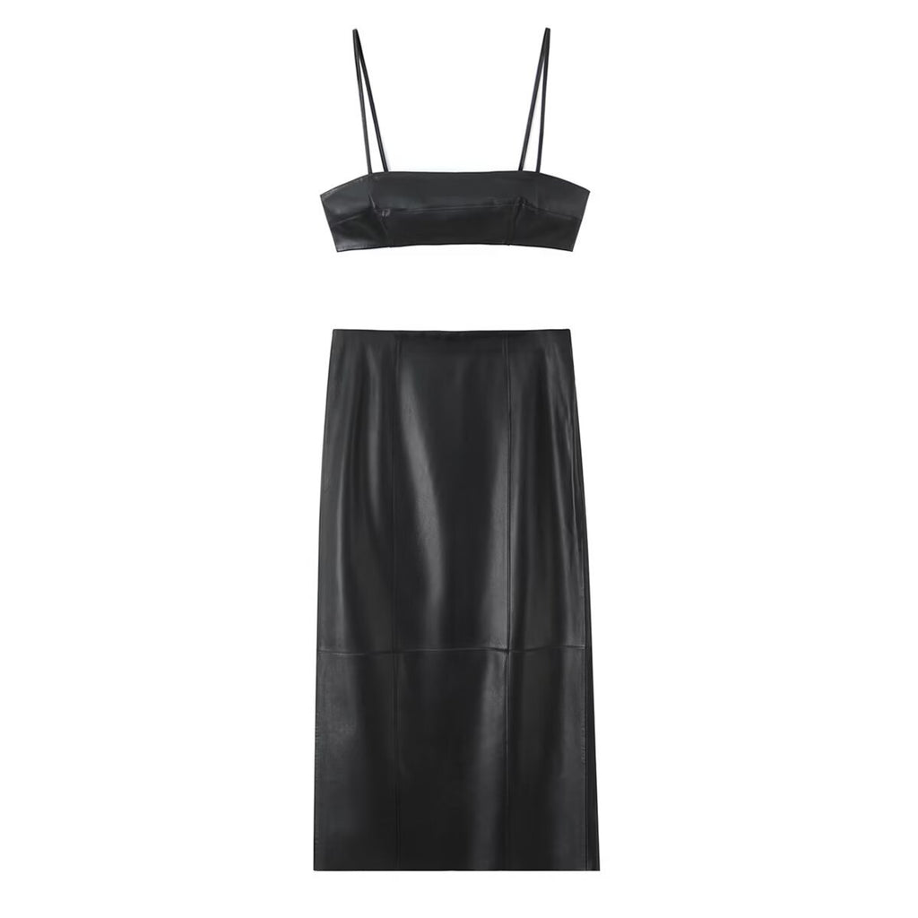 Pure leather strapless+leather skirt for women's wear