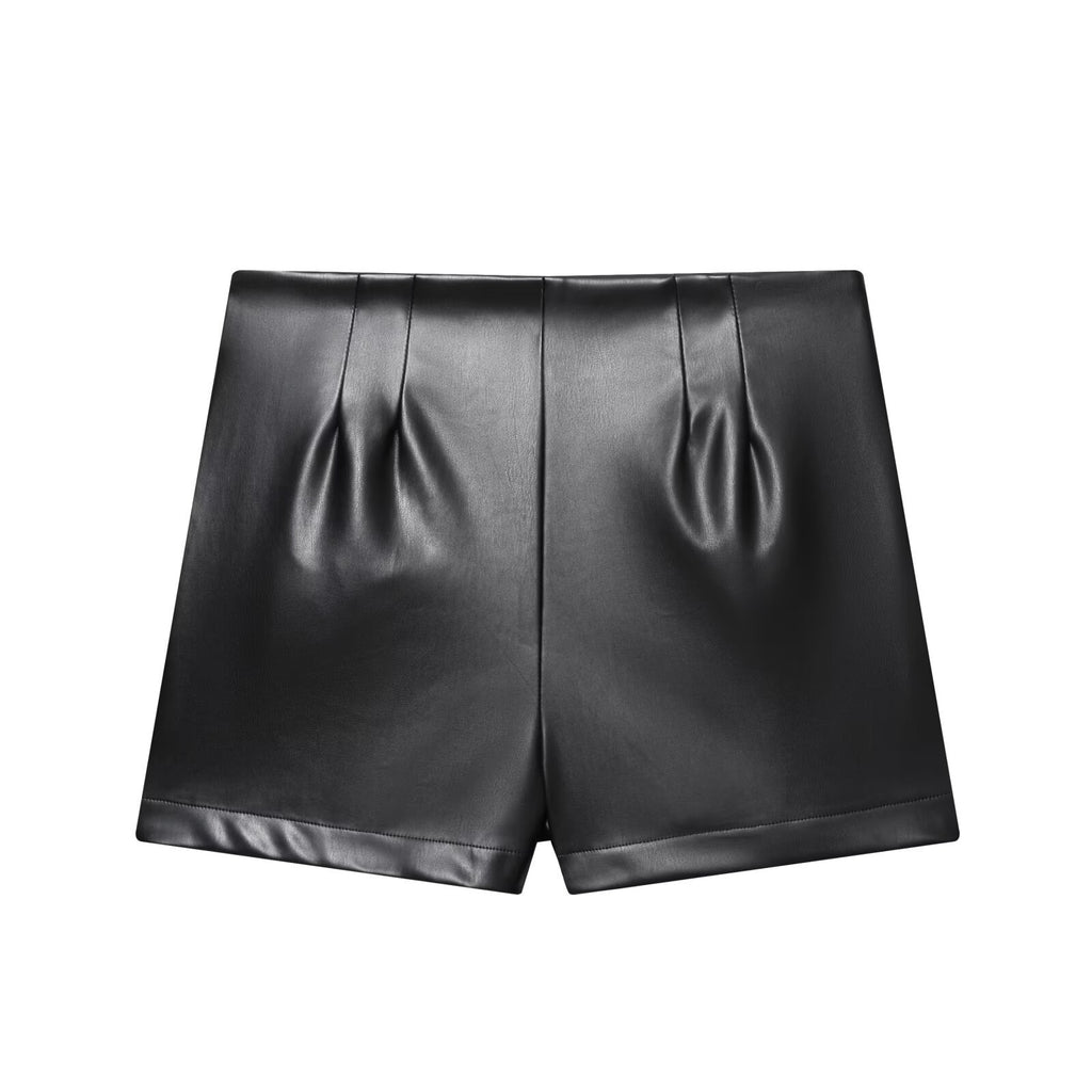 Street imitation leather high waisted shorts