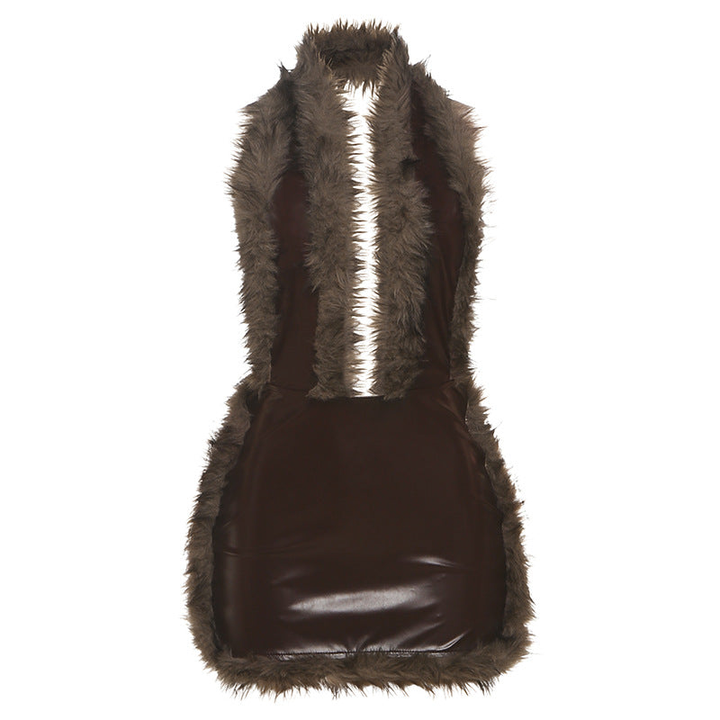 Splicing PU leather hanging neck deep V-neck dress for women