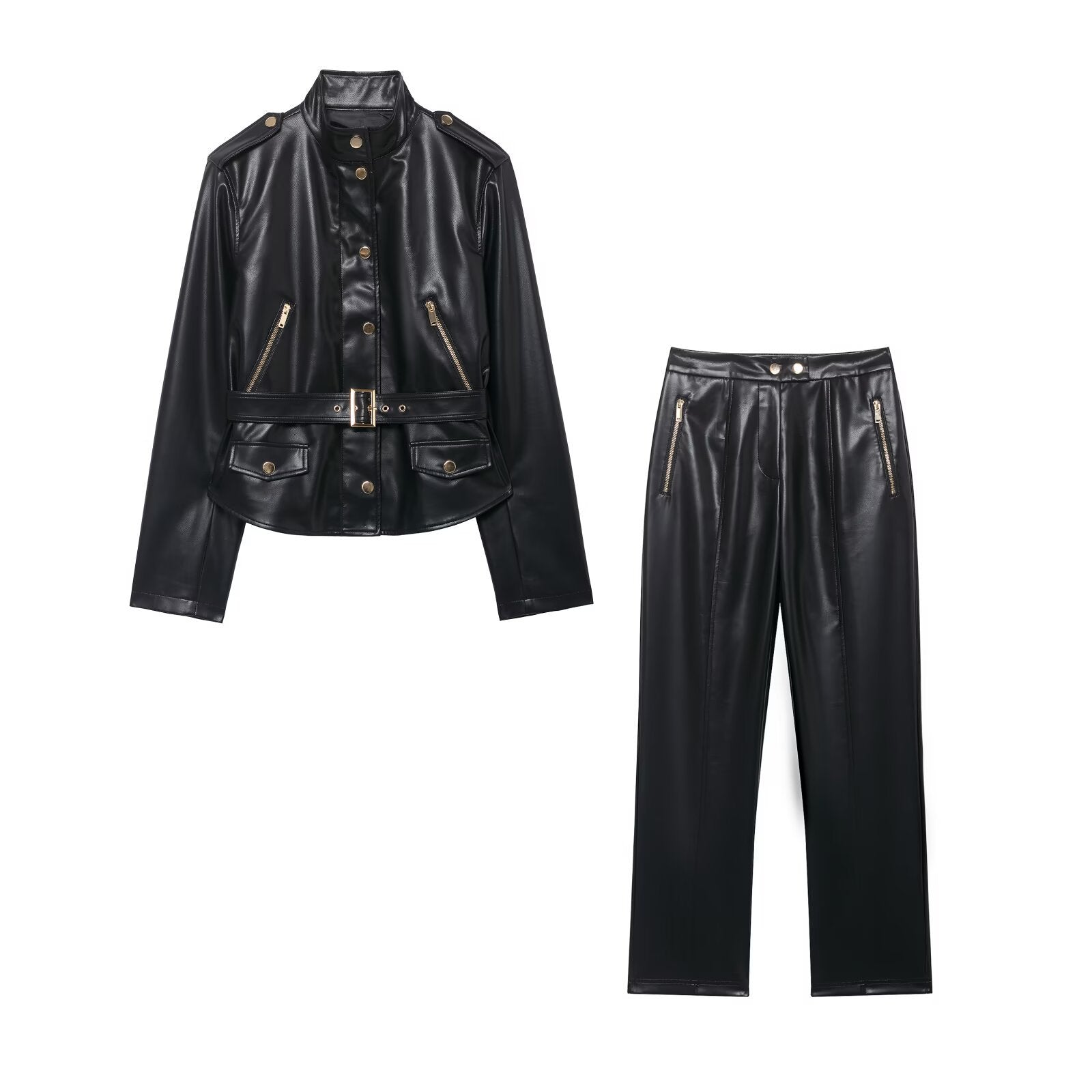 Jacket+high waisted faux leather flared pants