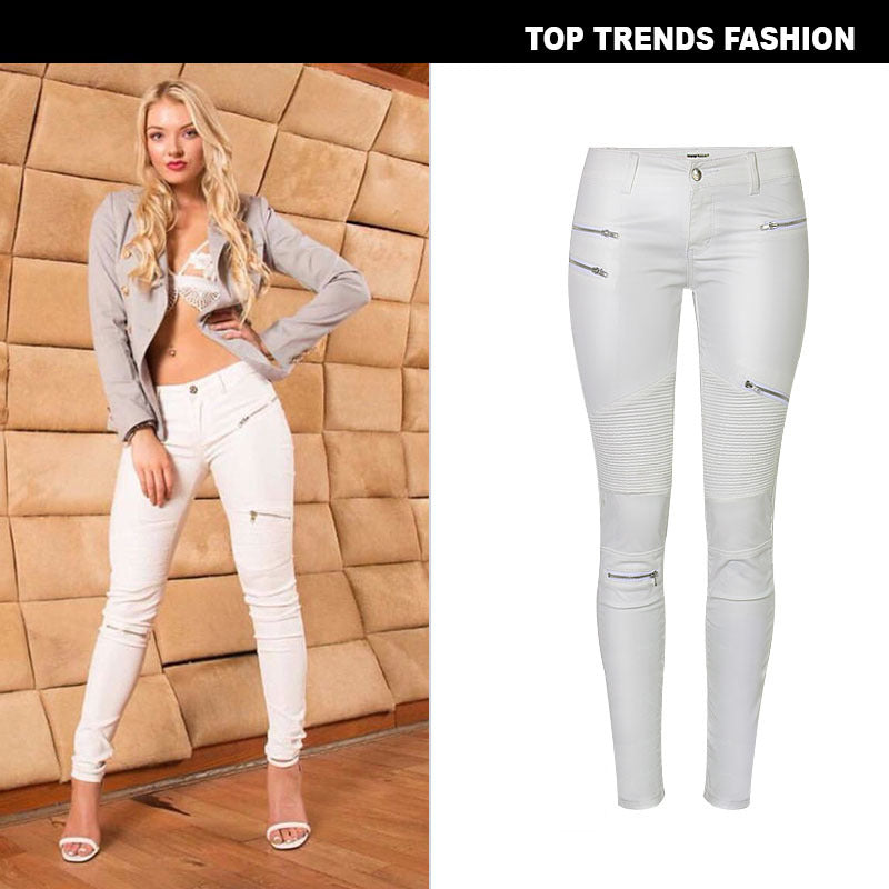 White Faux Leather Denim Pencil Pants With Multi-Zip Motorcycle Style