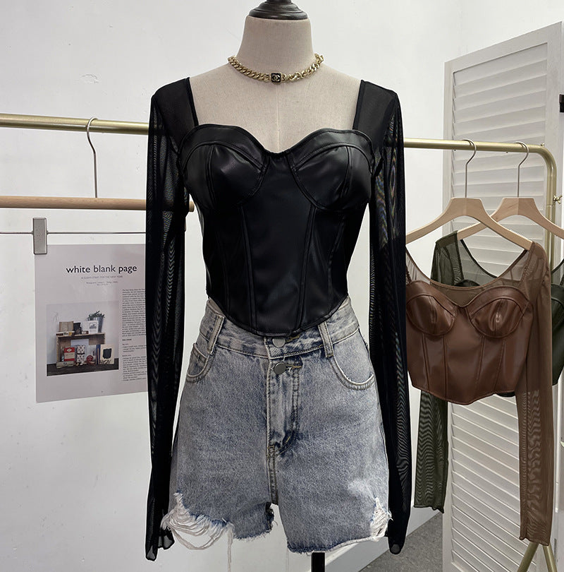 PU leather splicing mesh square neck long sleeved top