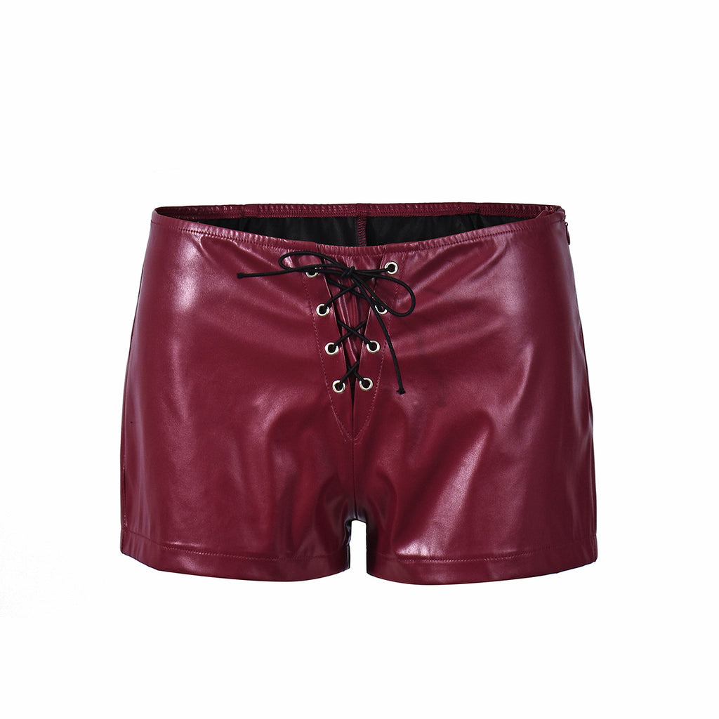 Hip hugging straps low waist PU leather shorts for women