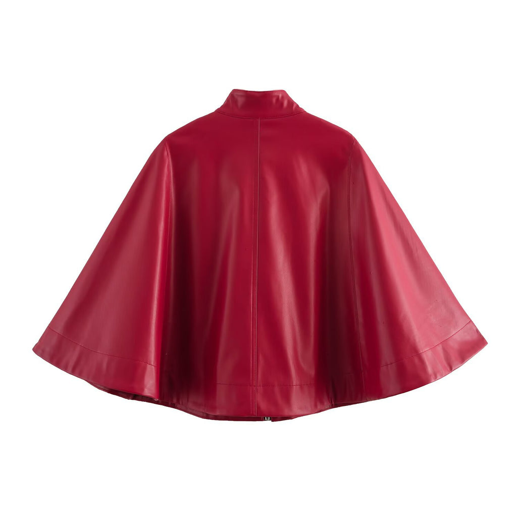 Fashionable and versatile solid color zipper leather short cape jacket for women