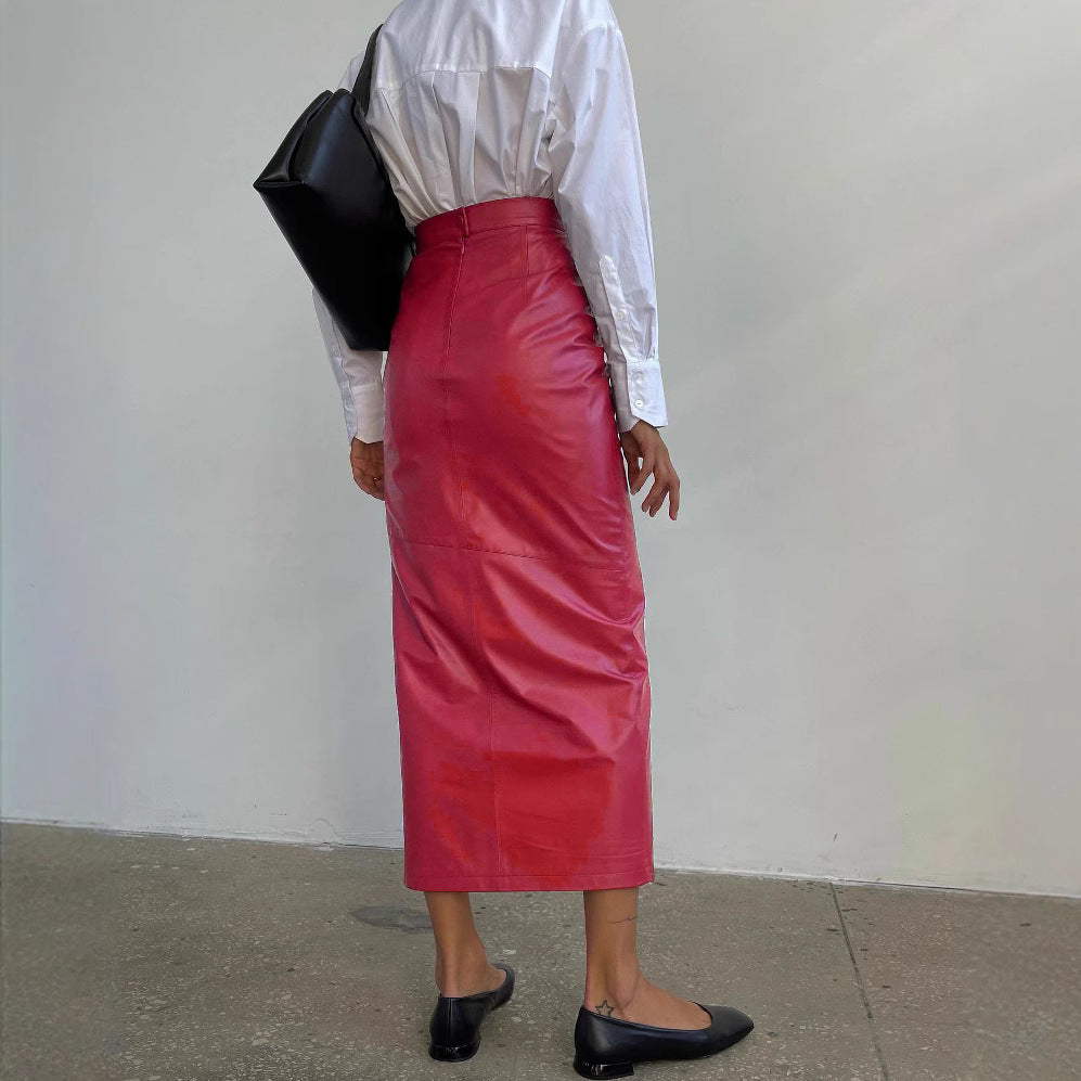 High waisted slim fit split skirt irregular leather skirt