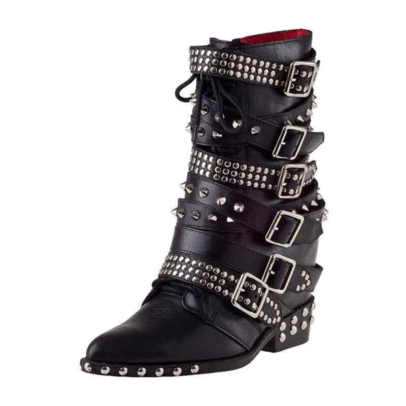 Belt Buckle Ankle Boots Genuine Leather Punk Shoes