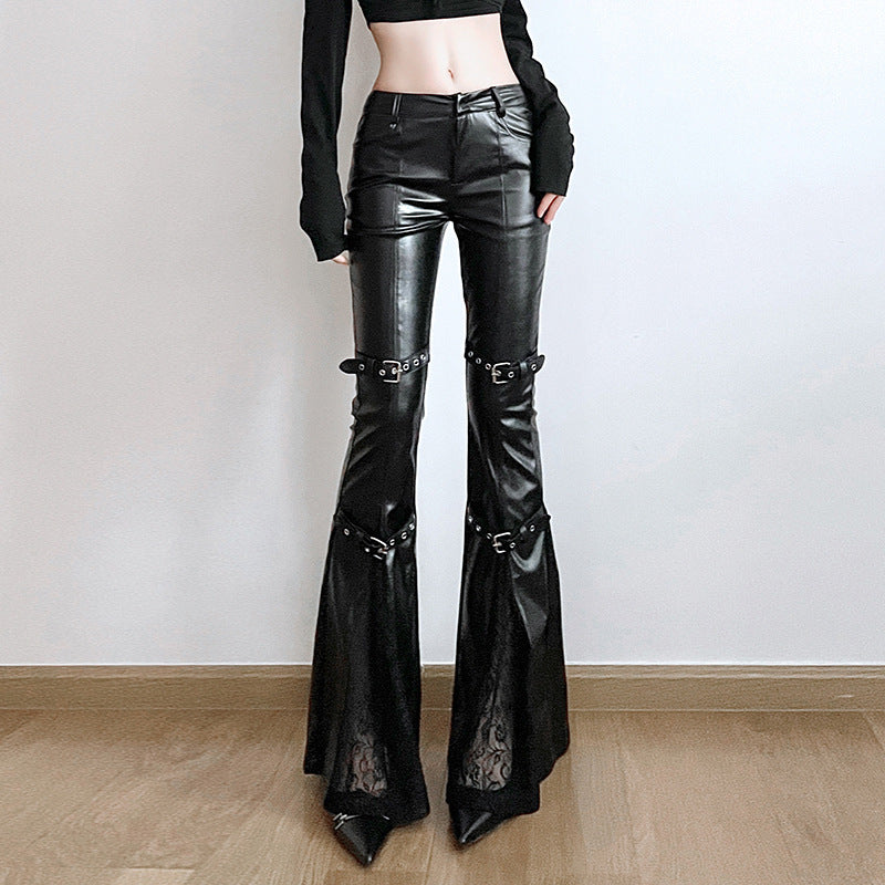 Lace patchwork leather flared pants