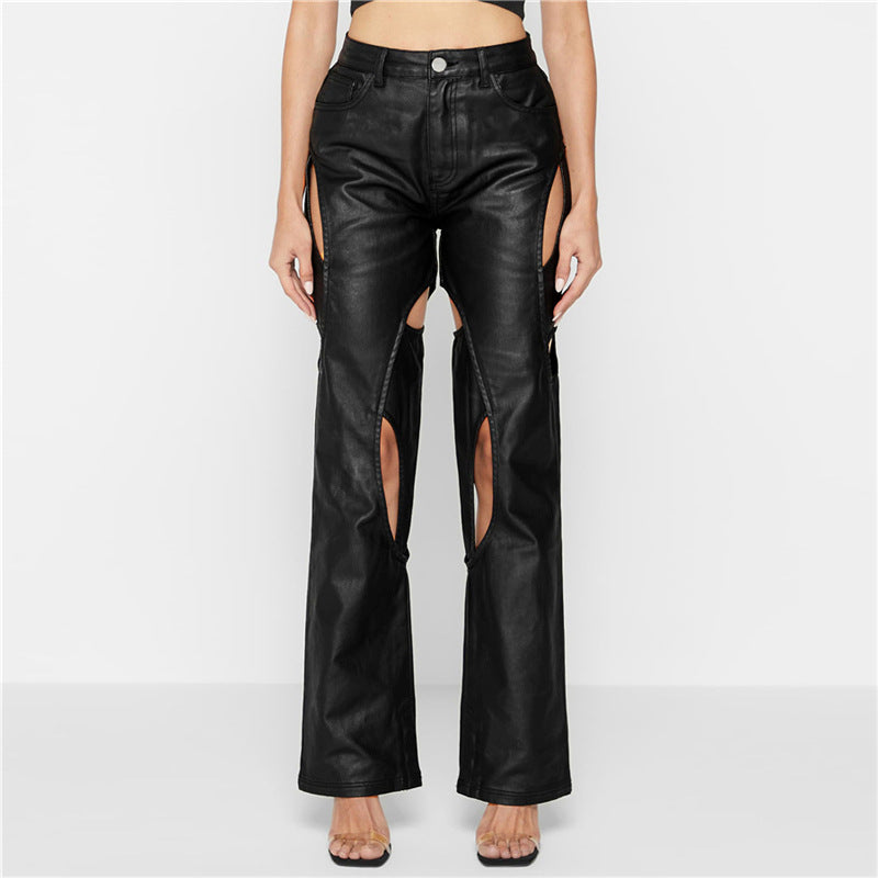Autumn and Winter New Women's Fashion High Waist Casual Straight Slim Hollow Faux Leather Pants
