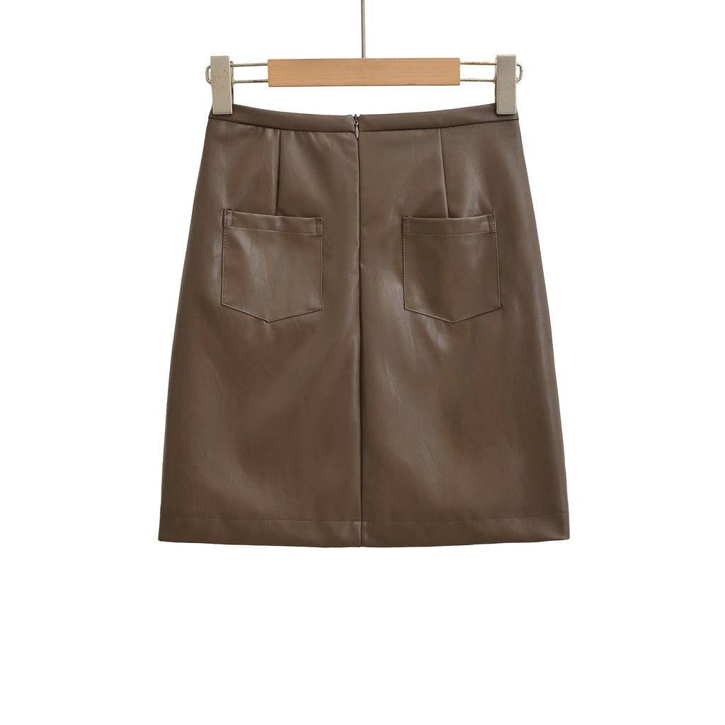 PU leather skirt with high waist for slimming and hip hugging half skirt