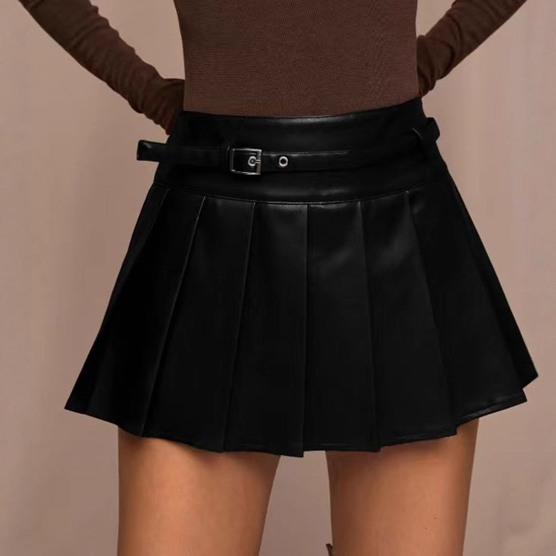 High waisted PU leather skirt versatile spicy girl half skirt