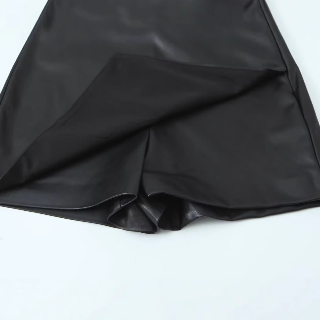 Simple and versatile solid color faux leather high waisted skirt pants