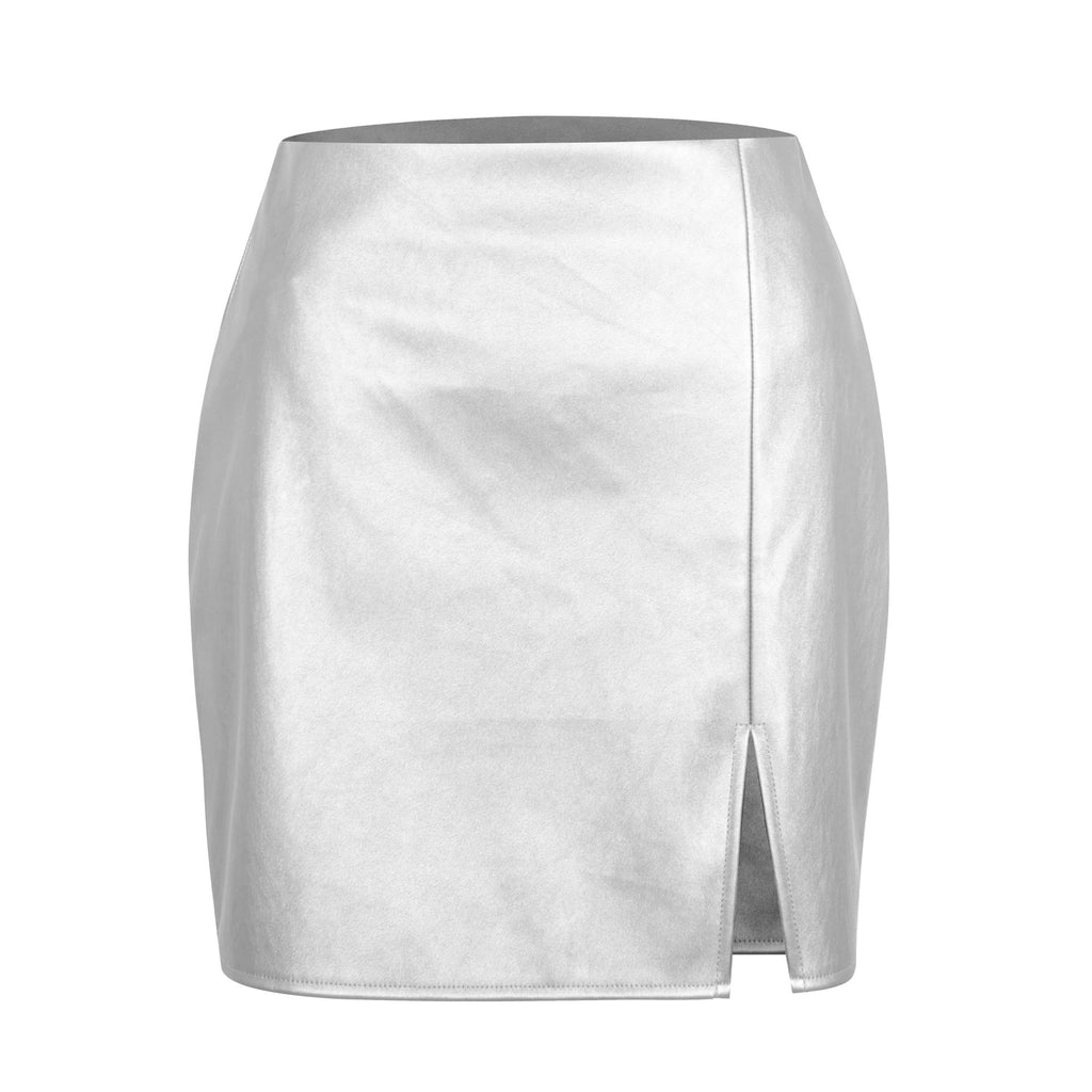 Split leather skirt with high waist and zipper skirt