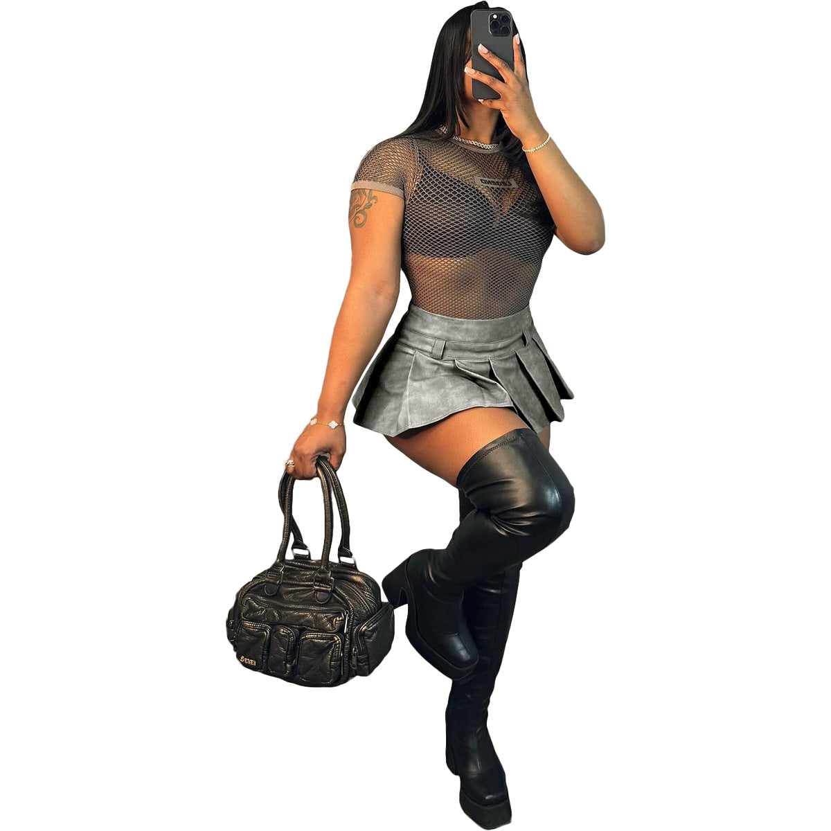 Women's Fashion Leather Sexy Solid Color Zipper Pleated Mini Skirt
