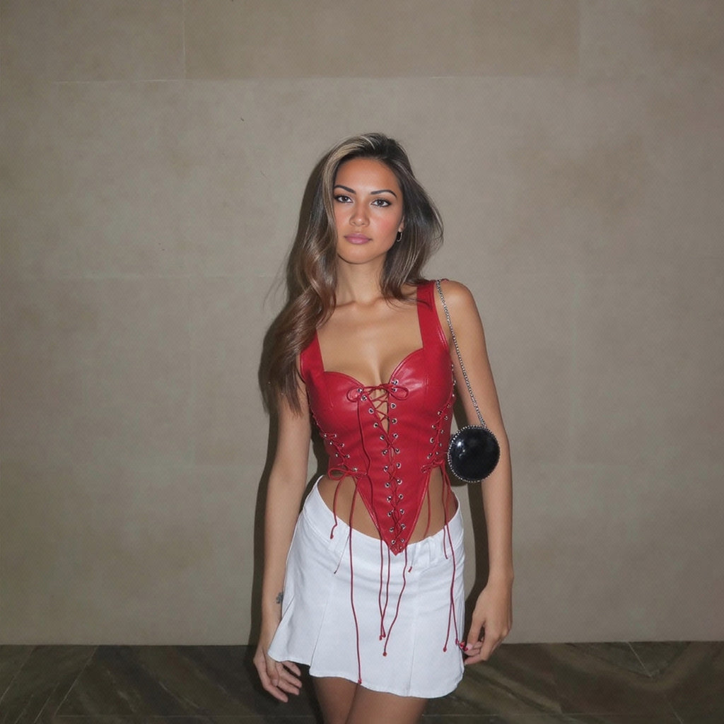 Sexy hollowed out backless contrasting strap PU leather vest