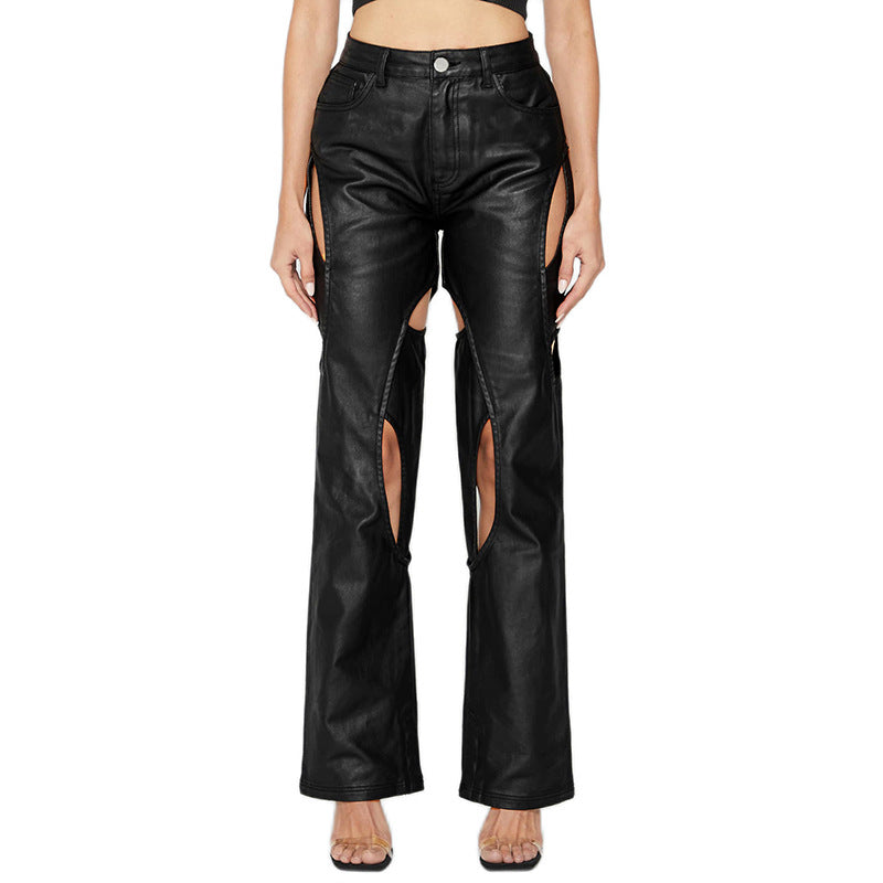 Autumn and Winter New Women's Fashion High Waist Casual Straight Slim Hollow Faux Leather Pants