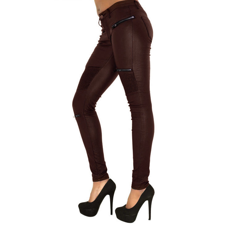 Brown Faux Leather Denim Pencil Pants Stitching Multi-Zip Motorcycle Models Have Large Sizes