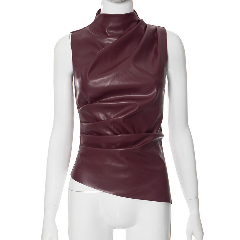 Women's Leather High Neck Unique Fitted Asymmetrical Sleeveless Top