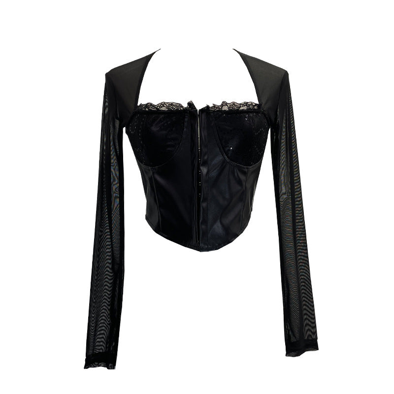 PU leather splicing mesh strapless long sleeved T-shirt