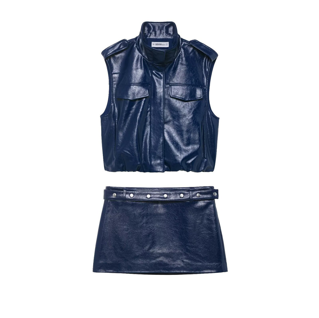 Trip strap leather vest+Mi skirt set for women's clothing