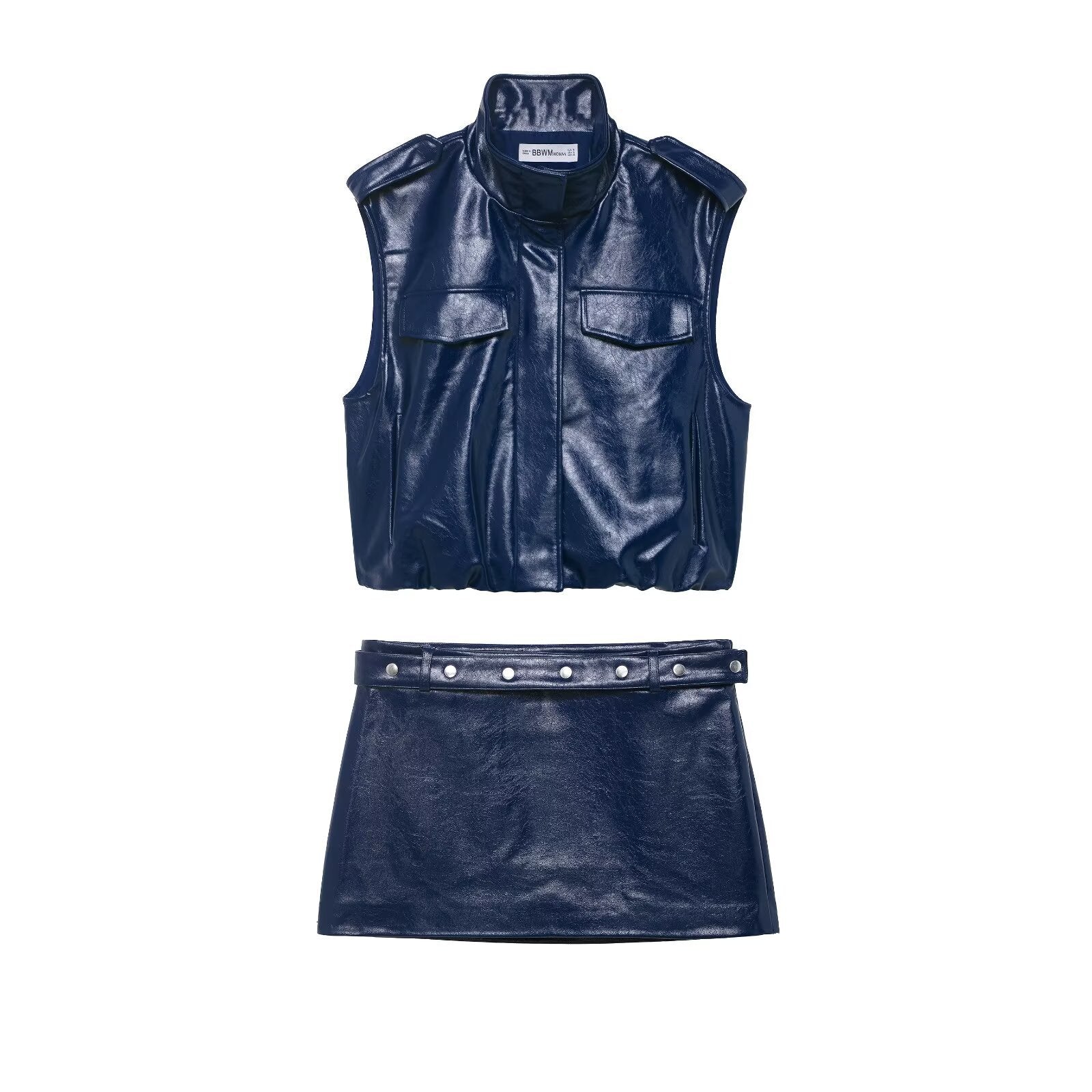Trip strap leather vest+Mi skirt set for women's clothing