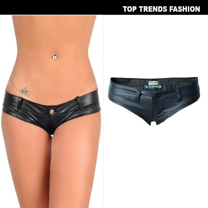 Nightclub Style Sexy Girl Low Waist Stretch Denim PU Faux Leather Button Zipper Hot Pants