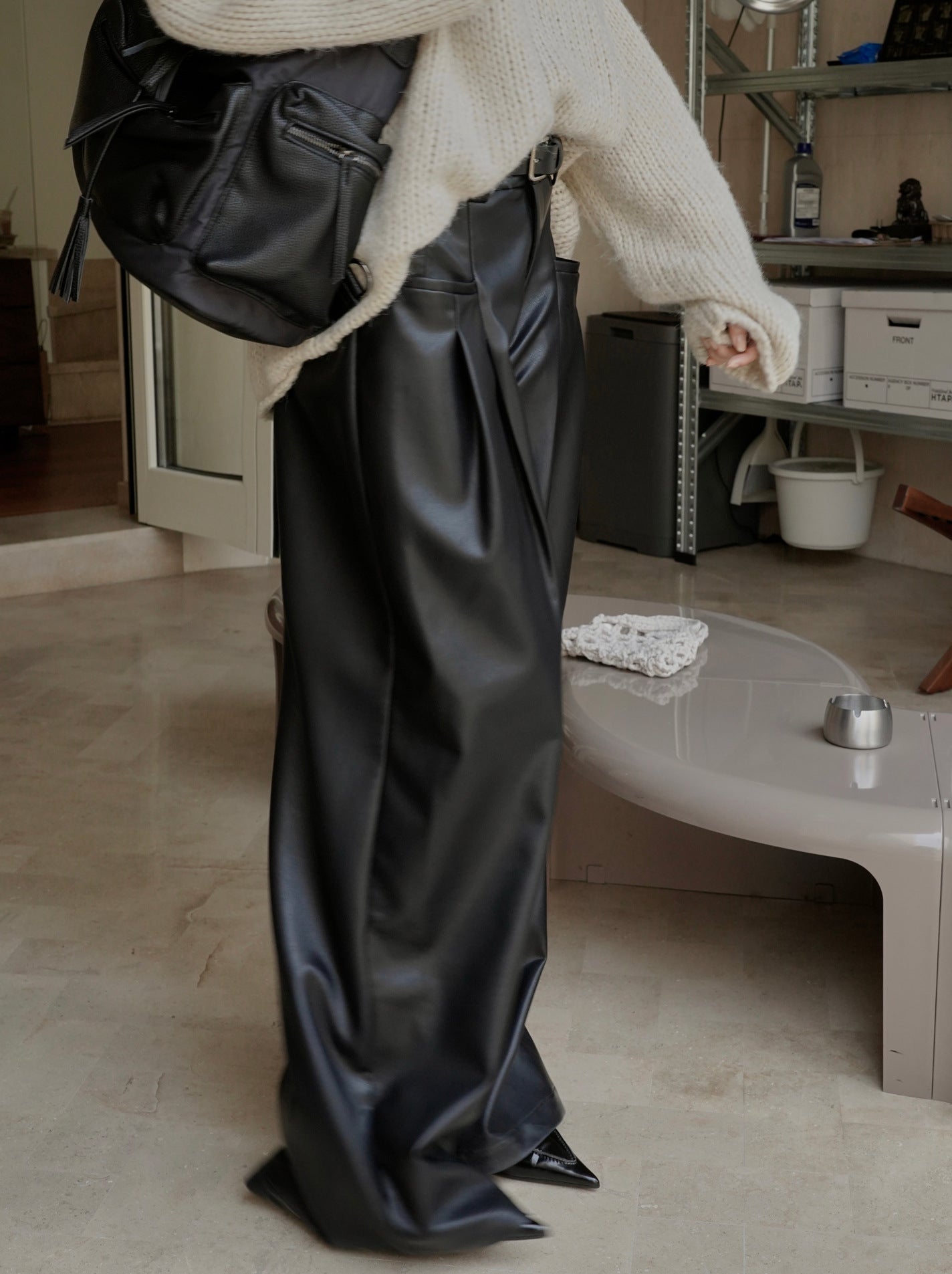 Autumn Modern High Waist PU Pants Women Soft Drop Feel Casual Black Wide Legs Trousers Female Faux Leather