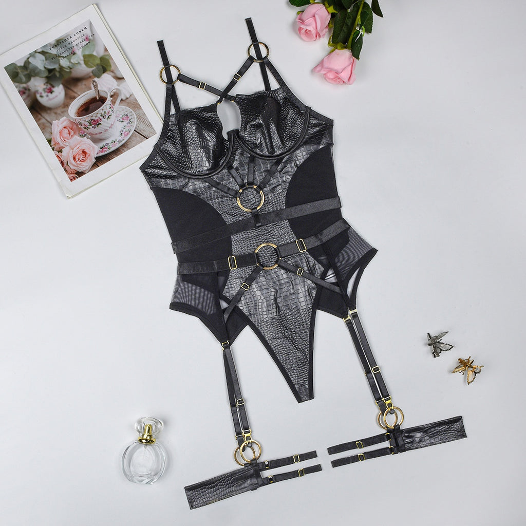 Sexy mesh patchwork leather hollow jumpsuit